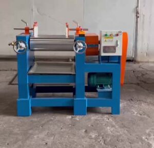 Close-up of laboratory mixing mill processing PVC material