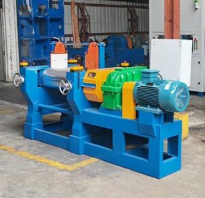 High-precision Double-Frequency Two Roll Mixing Mill with independent inverter drives for rubber and plastic blending applications.