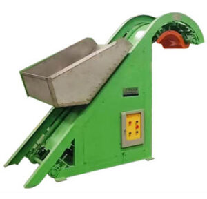 Bucket conveyor system transporting bulk materials vertically in industrial factory